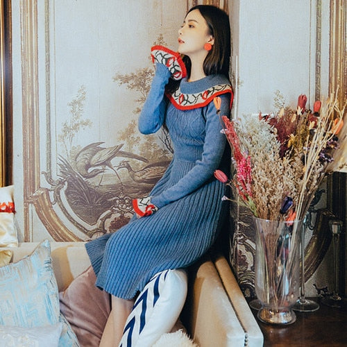 HAMALIEL Scotland Women Sweater Dress Vintage Autumn Winter Blue Print Blue wool dress HAMALIEL Scotland Women Sweater Dress Vintage Autumn Winter Blue Print Blue wool dress