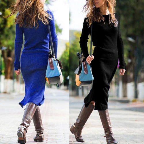 MISS M Autumn High Collar Long Slim Knitted Dress Women Solid Color Long Sleeve Dress Black Blue Fashion Casual Wool Dress
