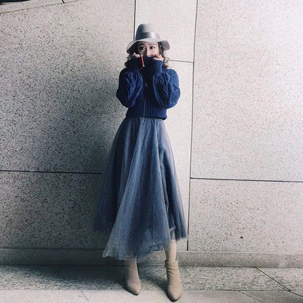 2018 New Autumn Dark Blue Sweater  2 Pcs  Women Winter Dress Set China Style Hot Sale Elegant Girl Style Soft Dress