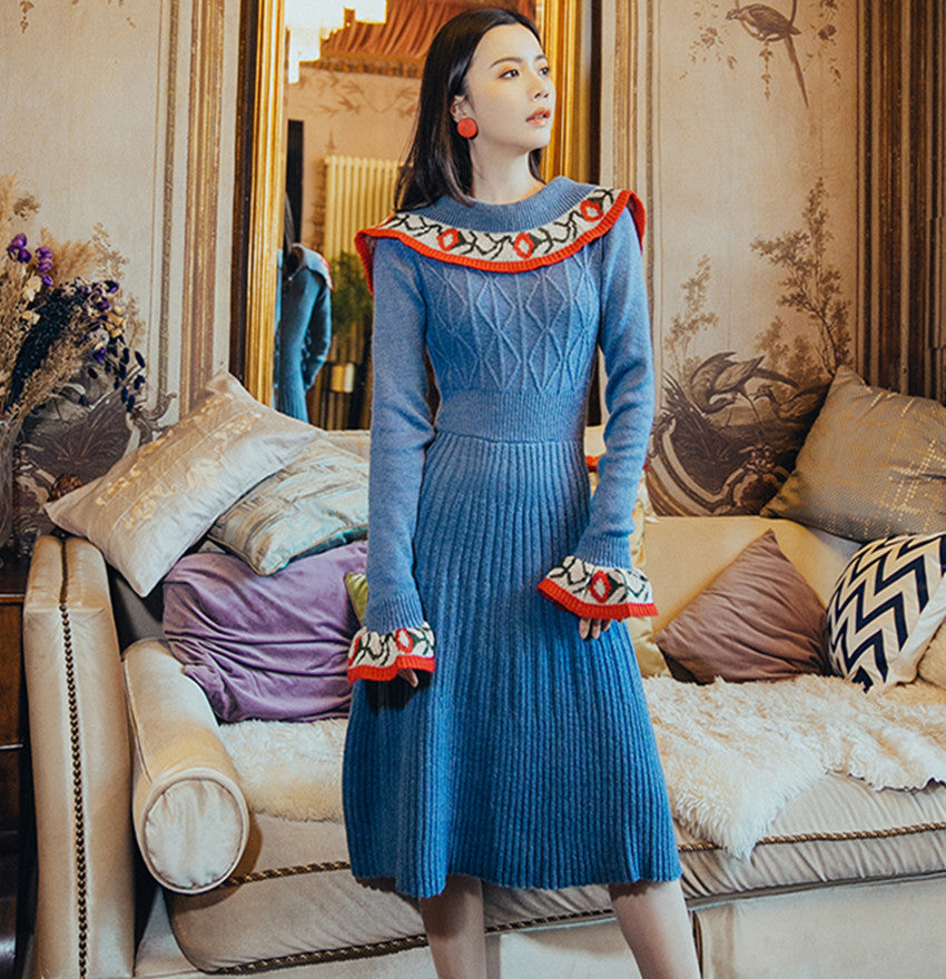 HAMALIEL Scotland Women Sweater Dress Vintage Autumn Winter Blue Print Blue wool dress HAMALIEL Scotland Women Sweater Dress Vintage Autumn Winter Blue Print Blue wool dress