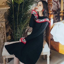 Load image into Gallery viewer, HAMALIEL Scotland Women Sweater Dress Vintage Autumn Winter Blue Printed Knitted Thick Ruffles Dress Casual Flare Sleeve Dress