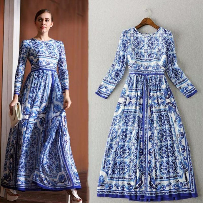 High Quality Women Vintage Ethnic Blue And White Porcelain Longuette Printing Dress Long Sleeve Round Collar Maxi Dresses S-XXL