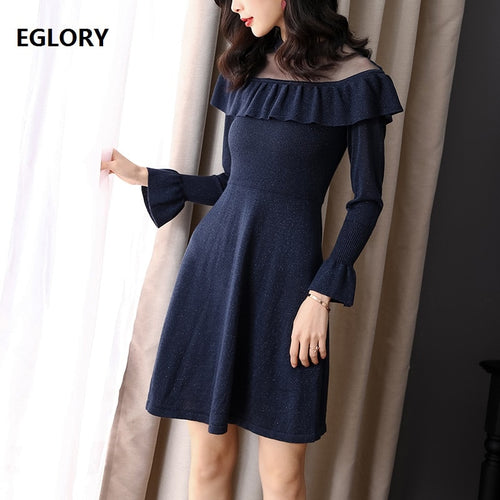 High Quality Sweater Dress 2019 Spring Autumn Women Sexy Sheer Mesh Patchwork Ruffle Long Sleeve Wool Knitted Dress Blue Black