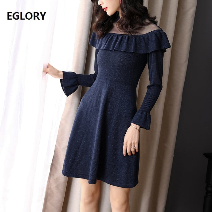 High Quality Sweater Dress 2019 Spring Autumn Women Sexy Sheer Mesh Patchwork Ruffle Long Sleeve Wool Knitted Dress Blue Black