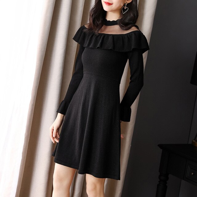 High Quality Sweater Dress 2019 Spring Autumn Women Sexy Sheer Mesh Patchwork Ruffle Long Sleeve Wool Knitted Dress Blue Black