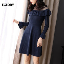 Load image into Gallery viewer, High Quality Sweater Dress 2019 Spring Autumn Women Sexy Sheer Mesh Patchwork Ruffle Long Sleeve Wool Knitted Dress Blue Black