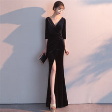 Load image into Gallery viewer, Blue Flannel Deep V Neck Three Quarter Sleeve Open Split Elegant Fashion Celebrity Dress Women Sexy Party Dresses 2018 Clubwear