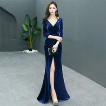 Load image into Gallery viewer, Blue Flannel Deep V Neck Three Quarter Sleeve Open Split Elegant Fashion Celebrity Dress Women Sexy Party Dresses 2018 Clubwear