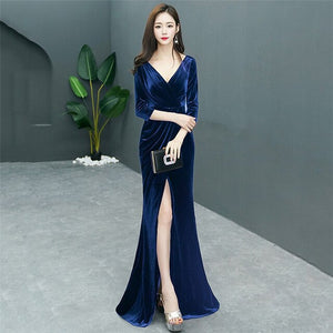 Blue Flannel Deep V Neck Three Quarter Sleeve Open Split Elegant Fashion Celebrity Dress Women Sexy Party Dresses 2018 Clubwear