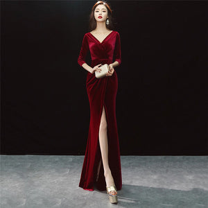Blue Flannel Deep V Neck Three Quarter Sleeve Open Split Elegant Fashion Celebrity Dress Women Sexy Party Dresses 2018 Clubwear