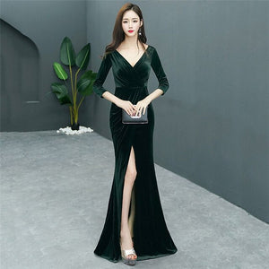 Blue Flannel Deep V Neck Three Quarter Sleeve Open Split Elegant Fashion Celebrity Dress Women Sexy Party Dresses 2018 Clubwear