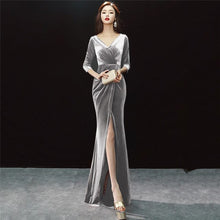 Load image into Gallery viewer, Blue Flannel Deep V Neck Three Quarter Sleeve Open Split Elegant Fashion Celebrity Dress Women Sexy Party Dresses 2018 Clubwear