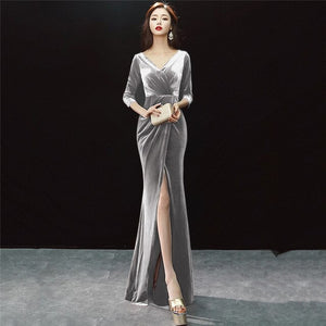 Blue Flannel Deep V Neck Three Quarter Sleeve Open Split Elegant Fashion Celebrity Dress Women Sexy Party Dresses 2018 Clubwear